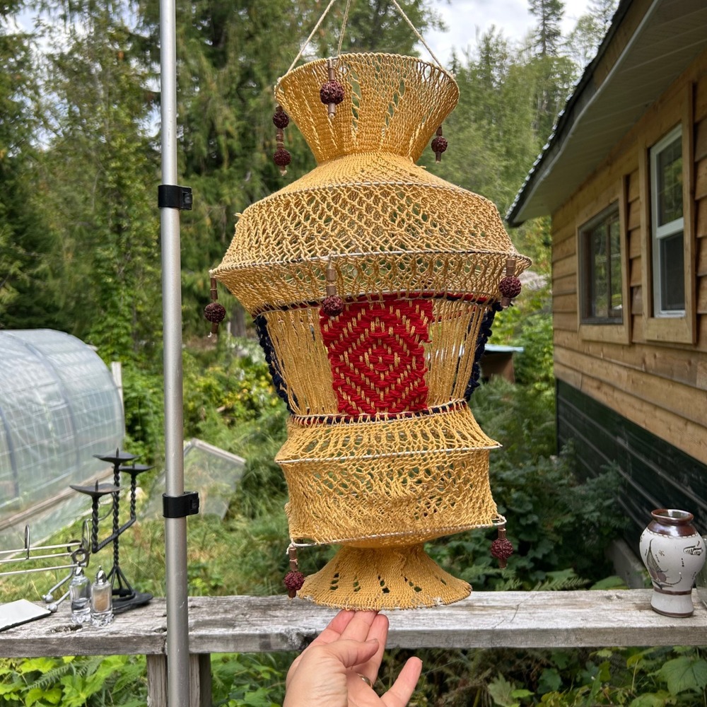 Vintage Macrame Hanging Lamp Shade Large Yellow Boho Retro 70s Jute Lantern MCM